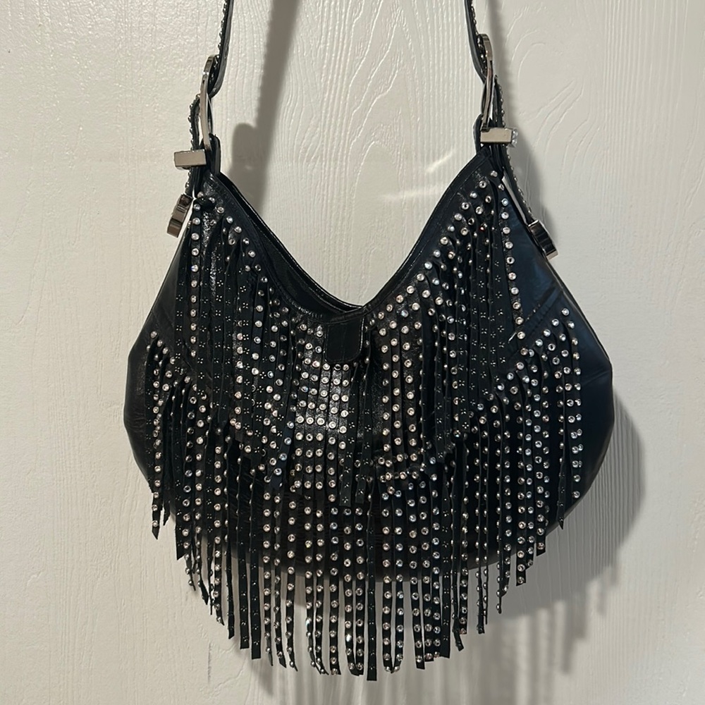 Kippys Authentic Black Leather Fringe Purse with Swarovski Crystals NWOT
